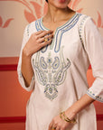 Khurshid Ivory Embroidered Cotton Linen Designer Kurta Set for Women