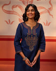 Khurshid Navy Blue Embroidered Cotton Linen Designer Kurta Set for Women