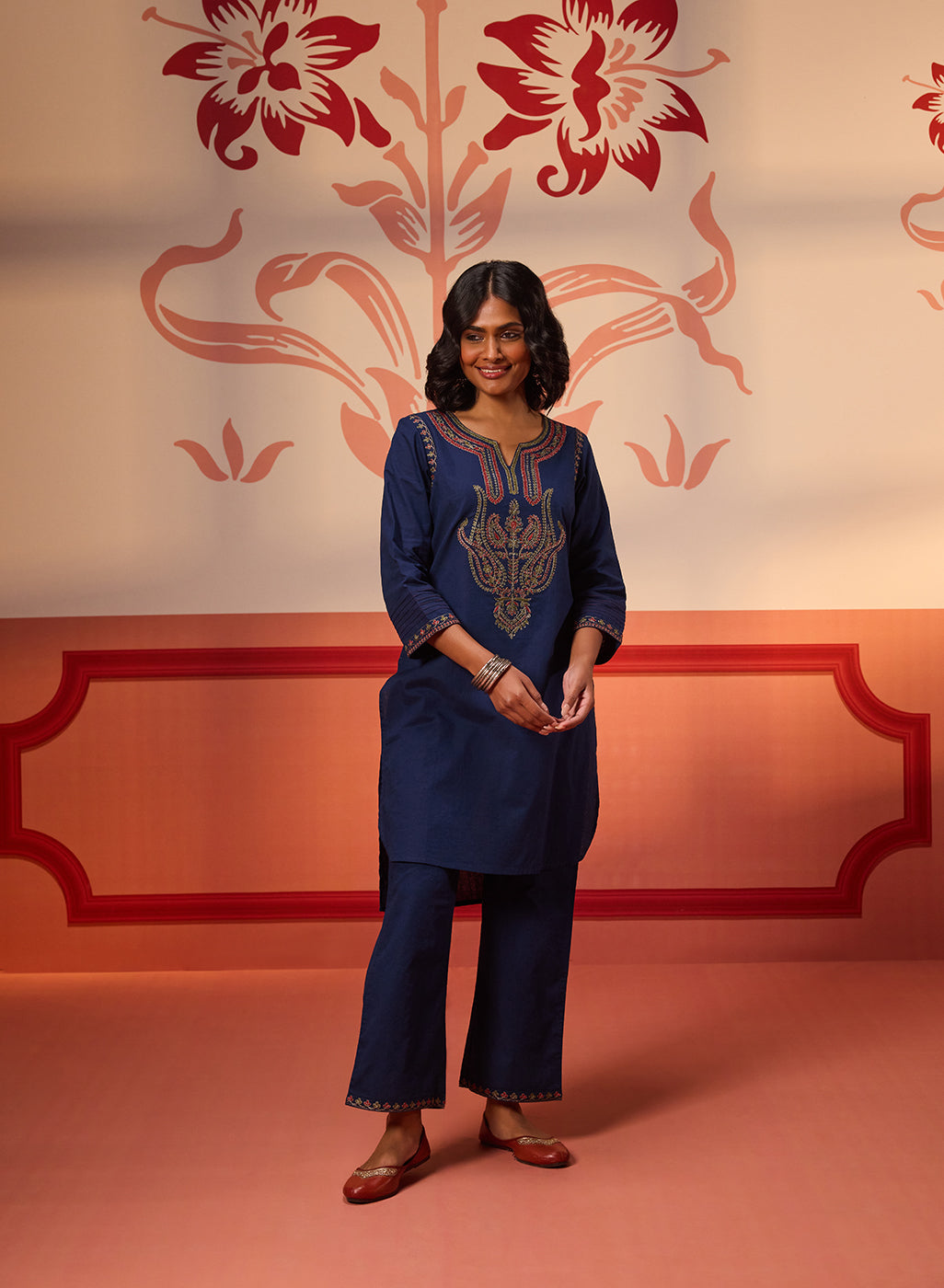 Khurshid Navy Blue Embroidered Cotton Linen Designer Kurta Set for Women