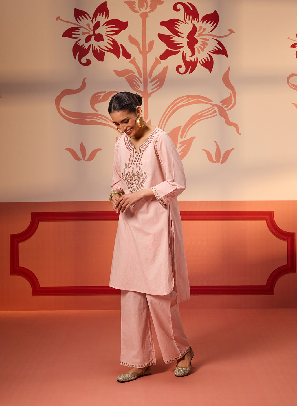 Khurshid Salmon Pink Embroidered Cotton Linen Designer Kurta Set for Women