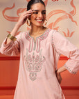 Khurshid Salmon Pink Embroidered Cotton Linen Designer Kurta Set for Women