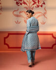 Fiona Smokey Blue Printed Cotton Linen Set with Dupatta