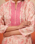 Roshna Coral Printed Cotton Linen Kurta Set for Women