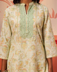 Roshna Mint Green Printed Cotton Linen Kurta Set for Women