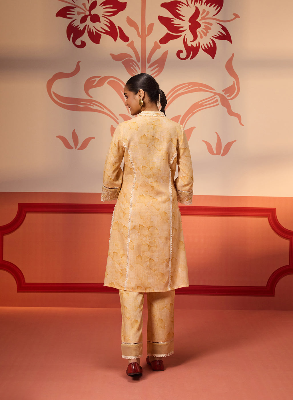 Back View of Alayana Mango Embroidered Cotton Linen Designer Kurta Set