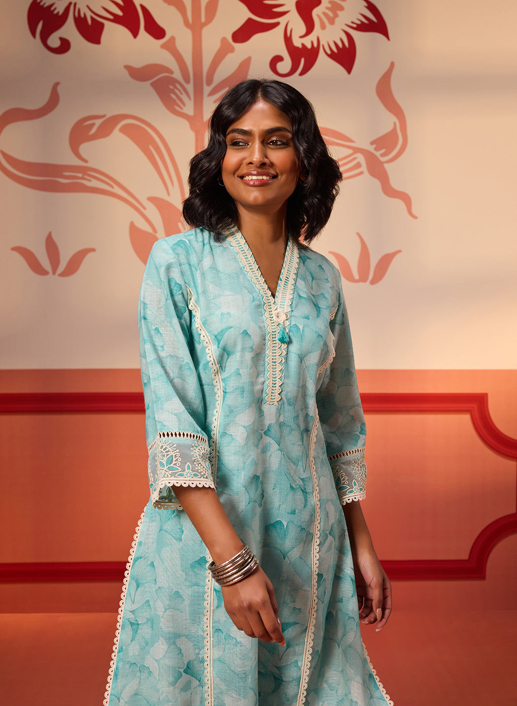Alayna Blue Embroidered Cotton Linen Designer Kurta Set From Lakshita