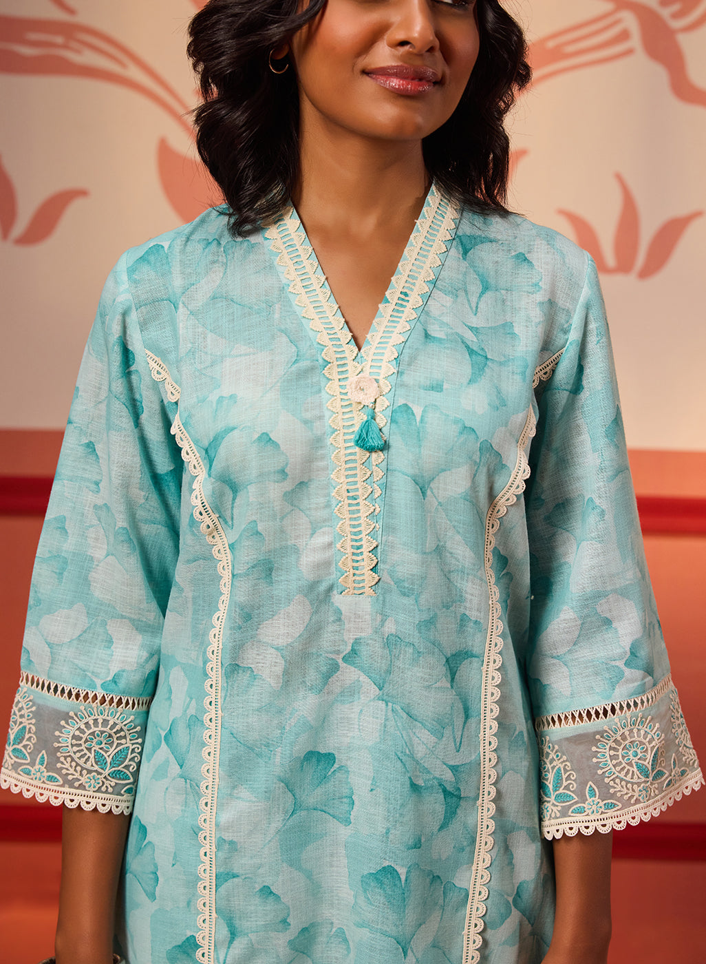 Printed Alayna Blue Embroidered Cotton Linen Designer Kurta Set From Lakshita
