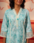 Printed Alayna Blue Embroidered Cotton Linen Designer Kurta Set From Lakshita