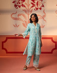 Alayna Blue Embroidered Cotton Linen Designer Kurta Set For Women