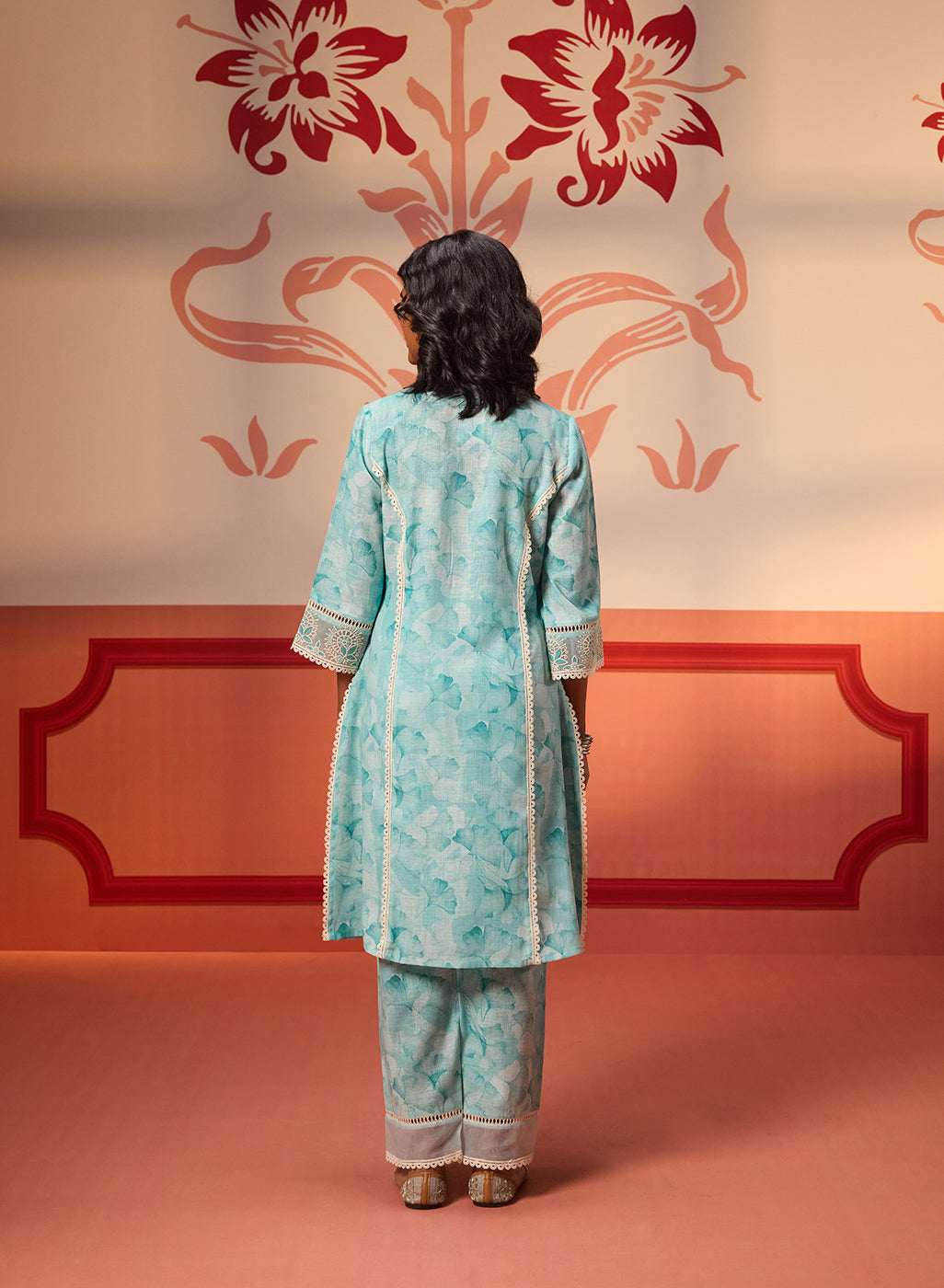 Back View for Alayna Blue Embroidered Cotton Linen Designer Kurta Set