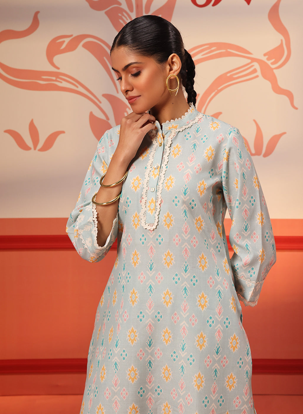 Haya Sky Blue Printed Cotton Linen Tunic Set for Women