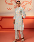 Haya Sky Blue Printed Cotton Linen Tunic Set for Women