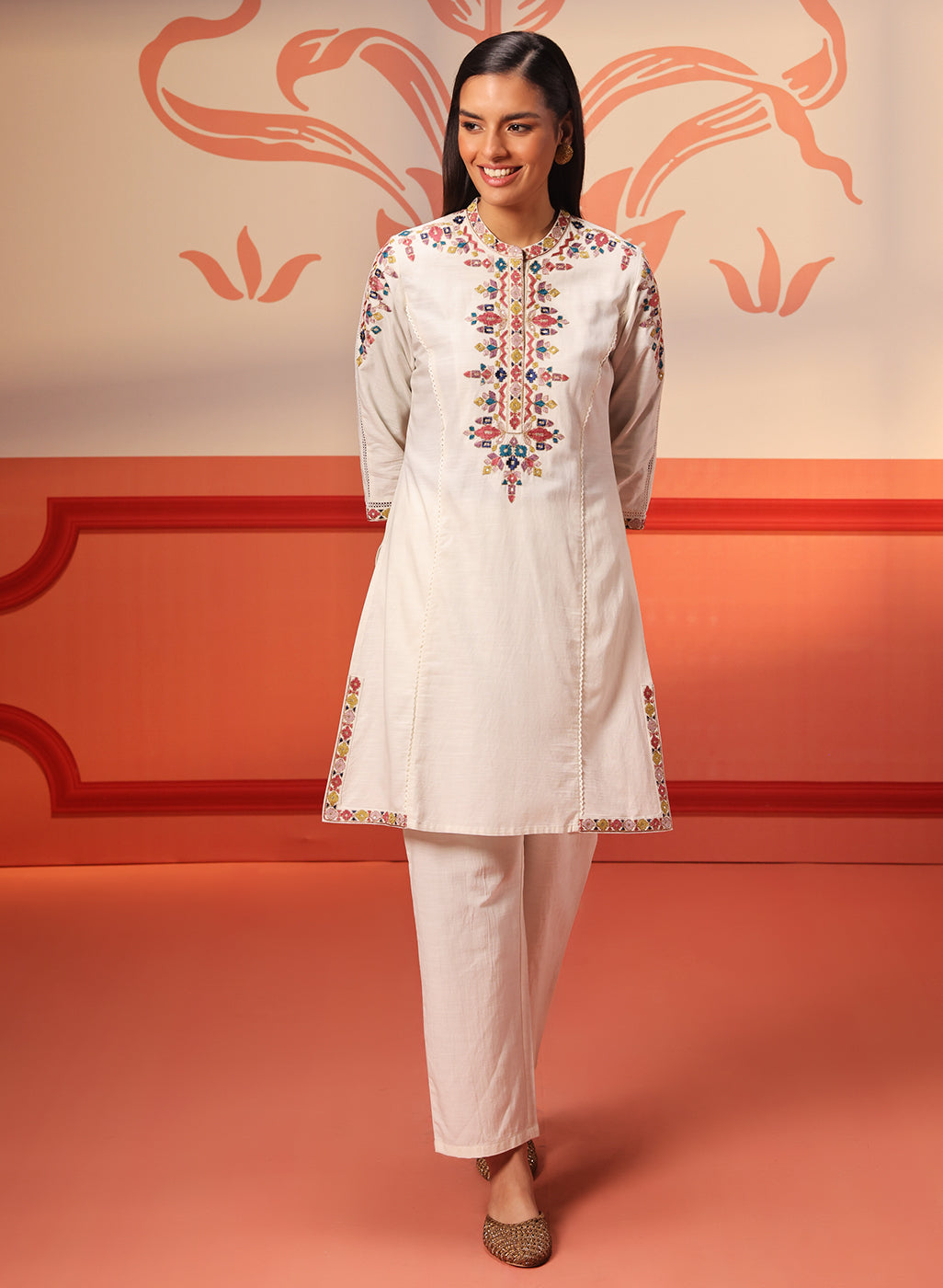 Shyla Ivory Embroidered Cotton Linen Tunic Set for Women