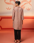 Niya Oak Brown Embroidered Cotton Linen Slub Long Top for Women