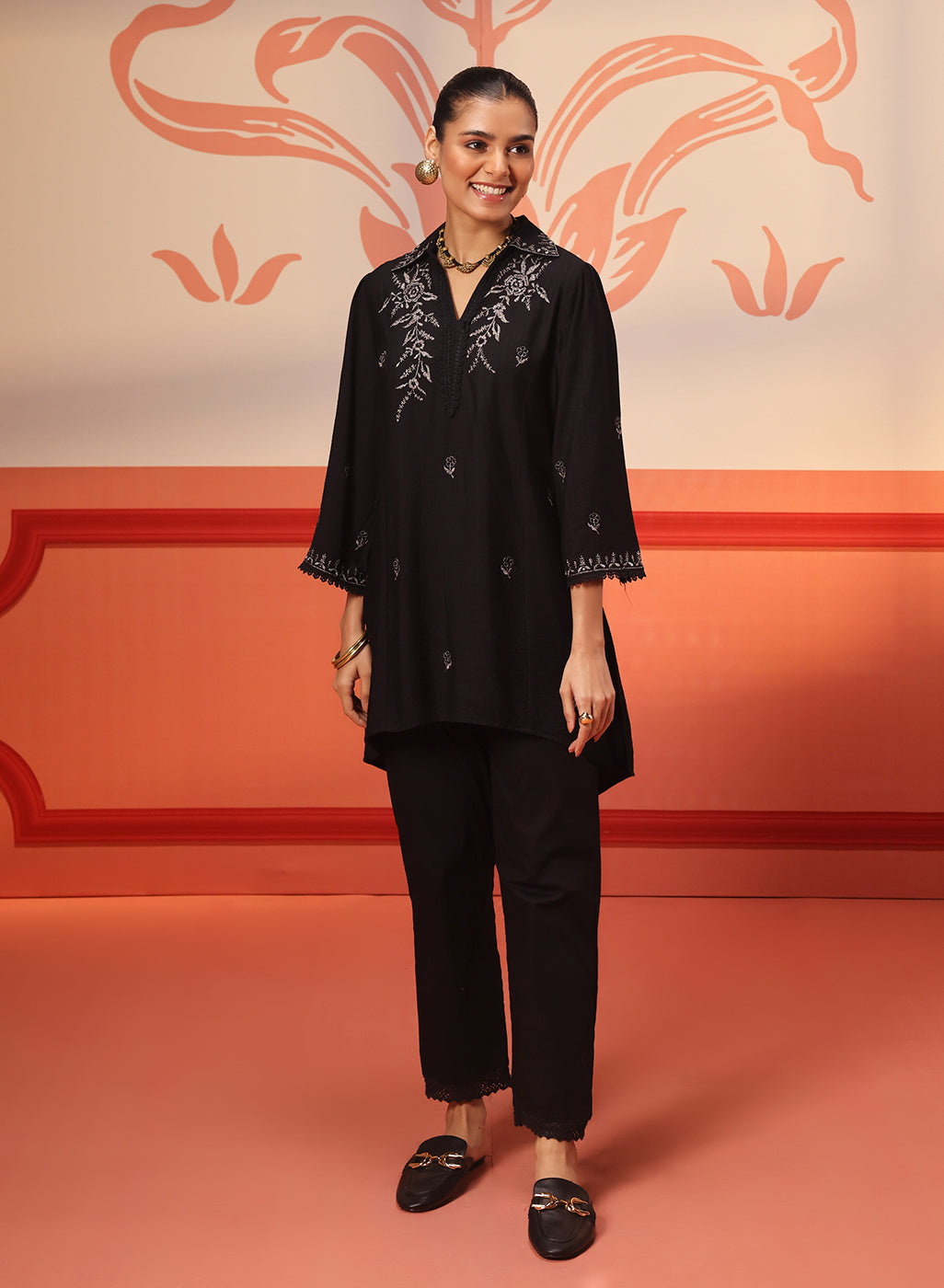 Niya Black Embroidered Cotton Linen Slub Long Top for Women