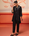 Niya Black Embroidered Cotton Linen Slub Long Top for Women