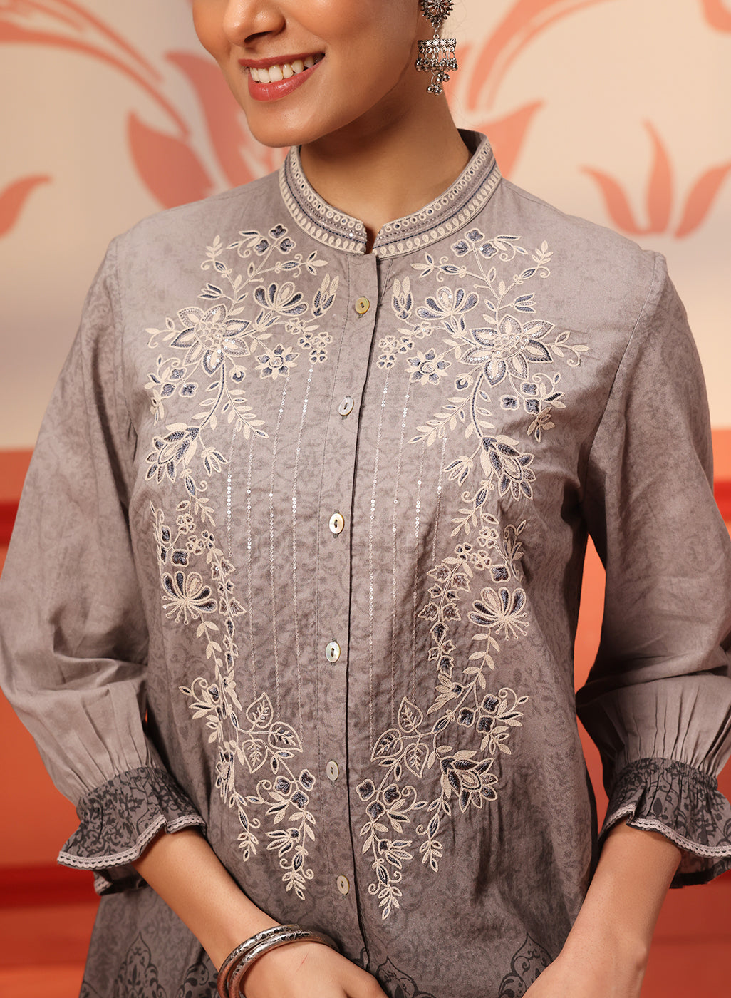 Myra Stone Grey Long Printed Cotton Modal Shirt for Women