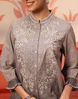 Myra Stone Grey Long Printed Cotton Modal Shirt for Women