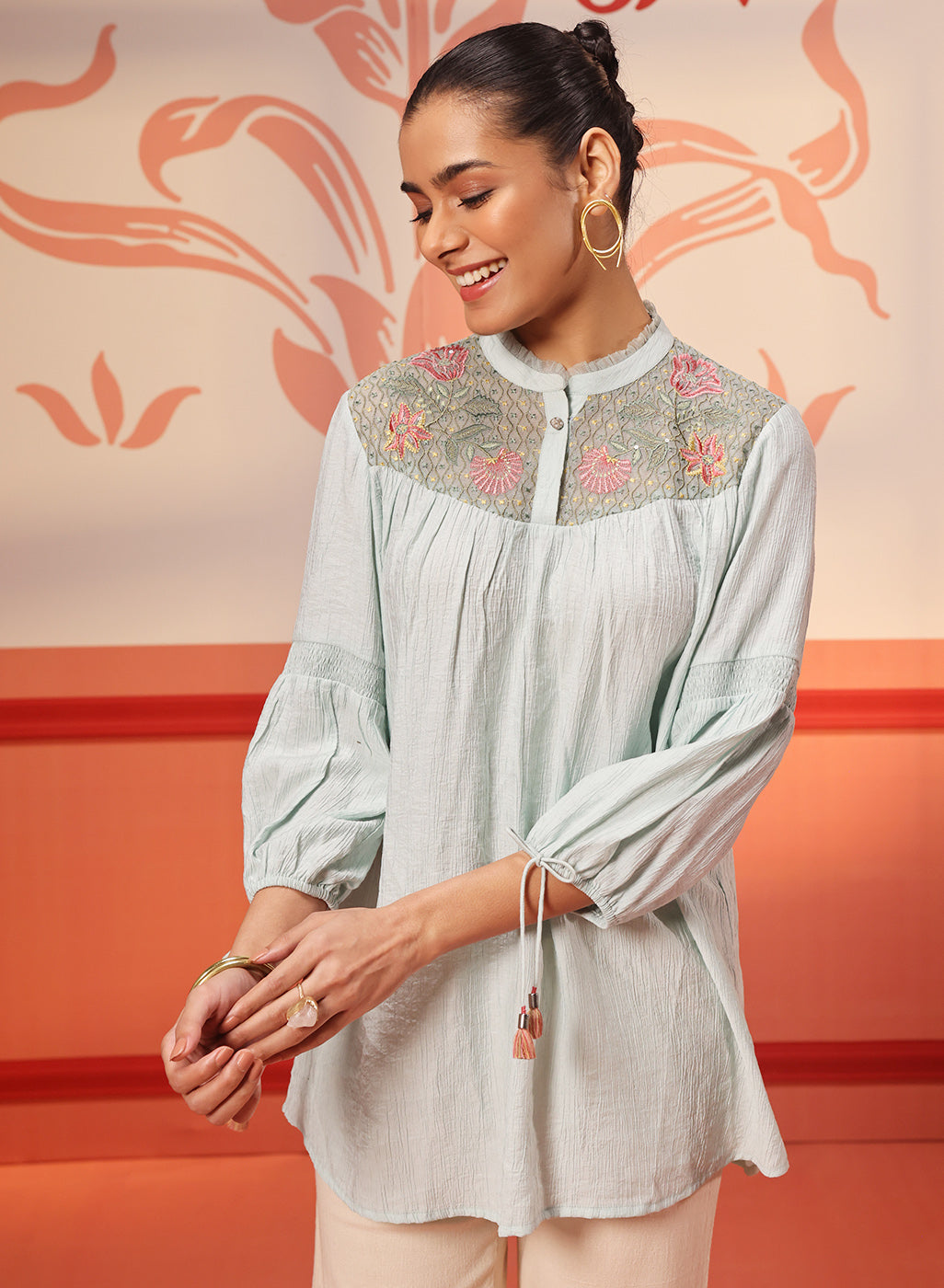 Faya Sky Blue Crinkled Crepe Embroidered Top for Women