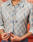 Sahiba Smokey Blue Printed Schiffli Shirt for Women