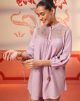Faya Lavender Crinkled Crepe Embroidered Top for Women