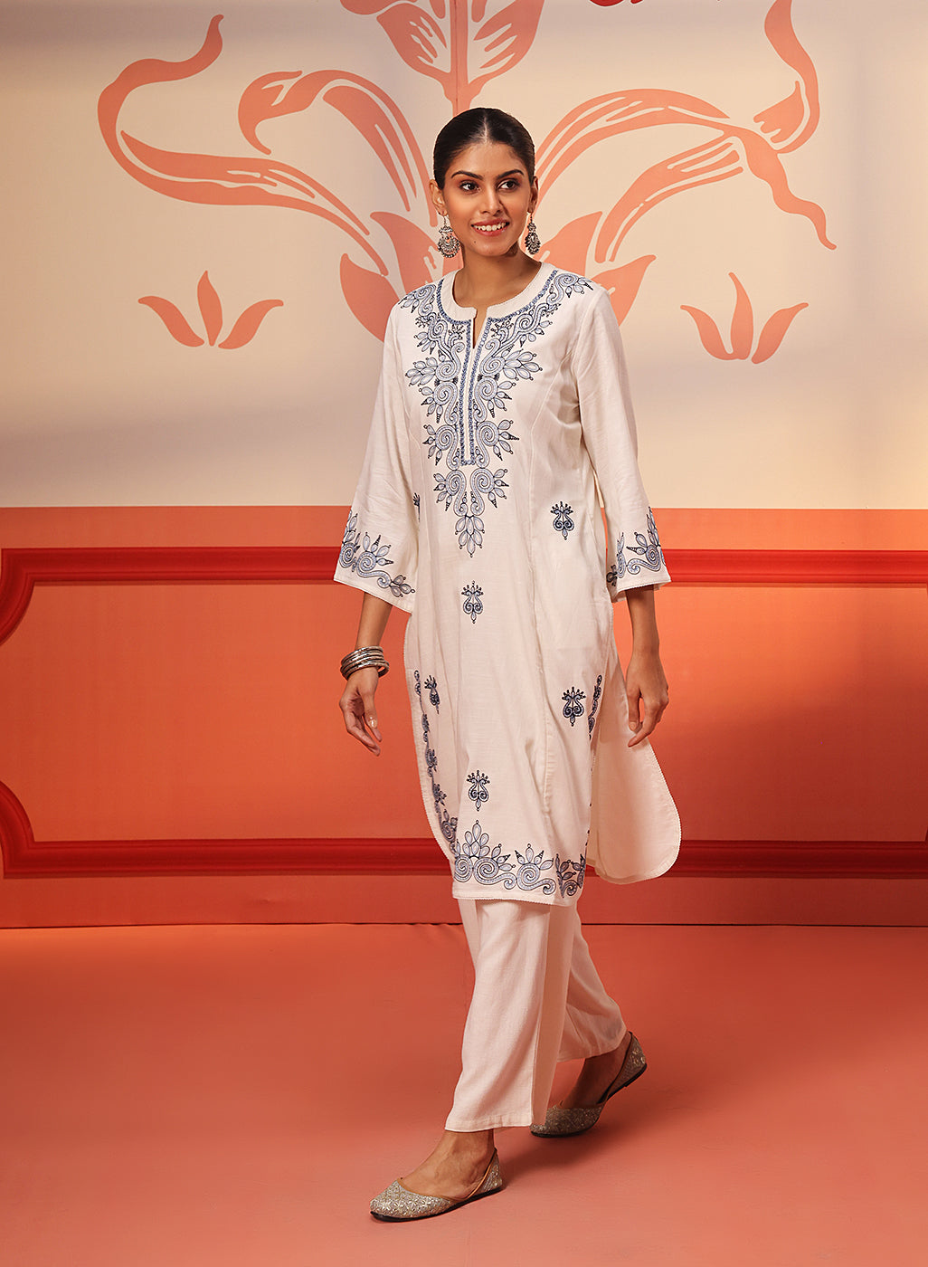 Zariya Ivory Embroidered Cotton Linen Designer Kurta for Women