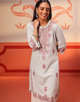 Zariya Powder Blue Embroidered Cotton Linen Designer Kurta for Women