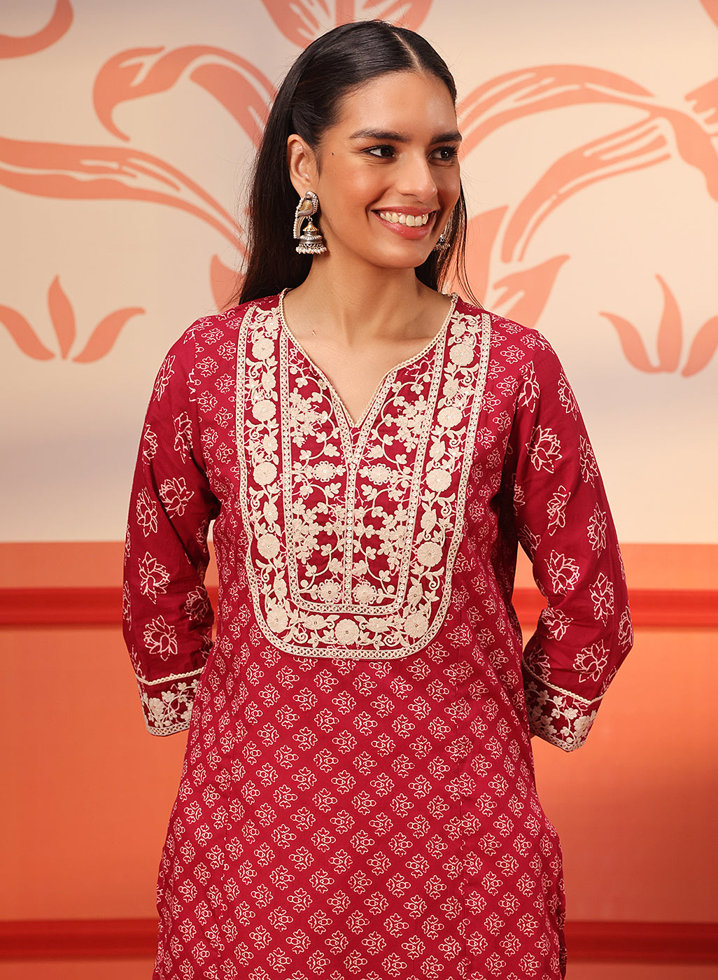 Kyra Cherry Red Printed Cotton Designer Kurta for Women Lakshita