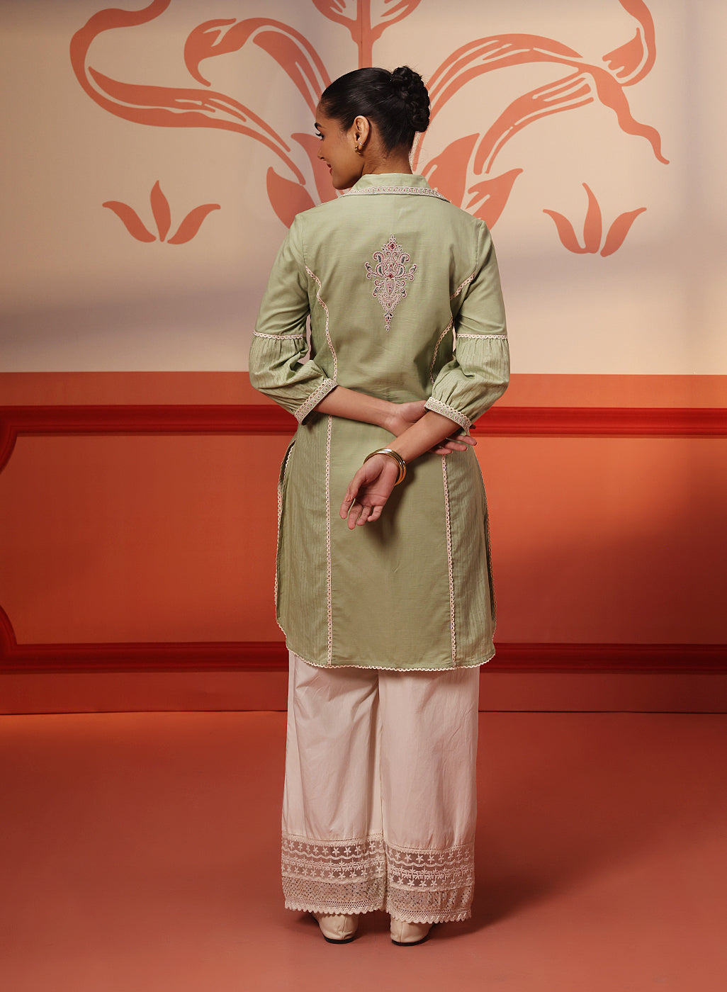 Hayaat Basil Green Embroidered Cotton Linen Tunic for Women Lakshita