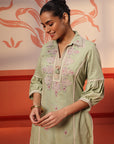 Hayaat Basil Green Embroidered Cotton Linen Tunic for Women