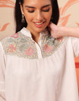 Faya Ivory Crinkled Crepe Embroidered Top for Women