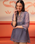 Bushra Iron Grey Embroidered Striped Chanderi Top for Women