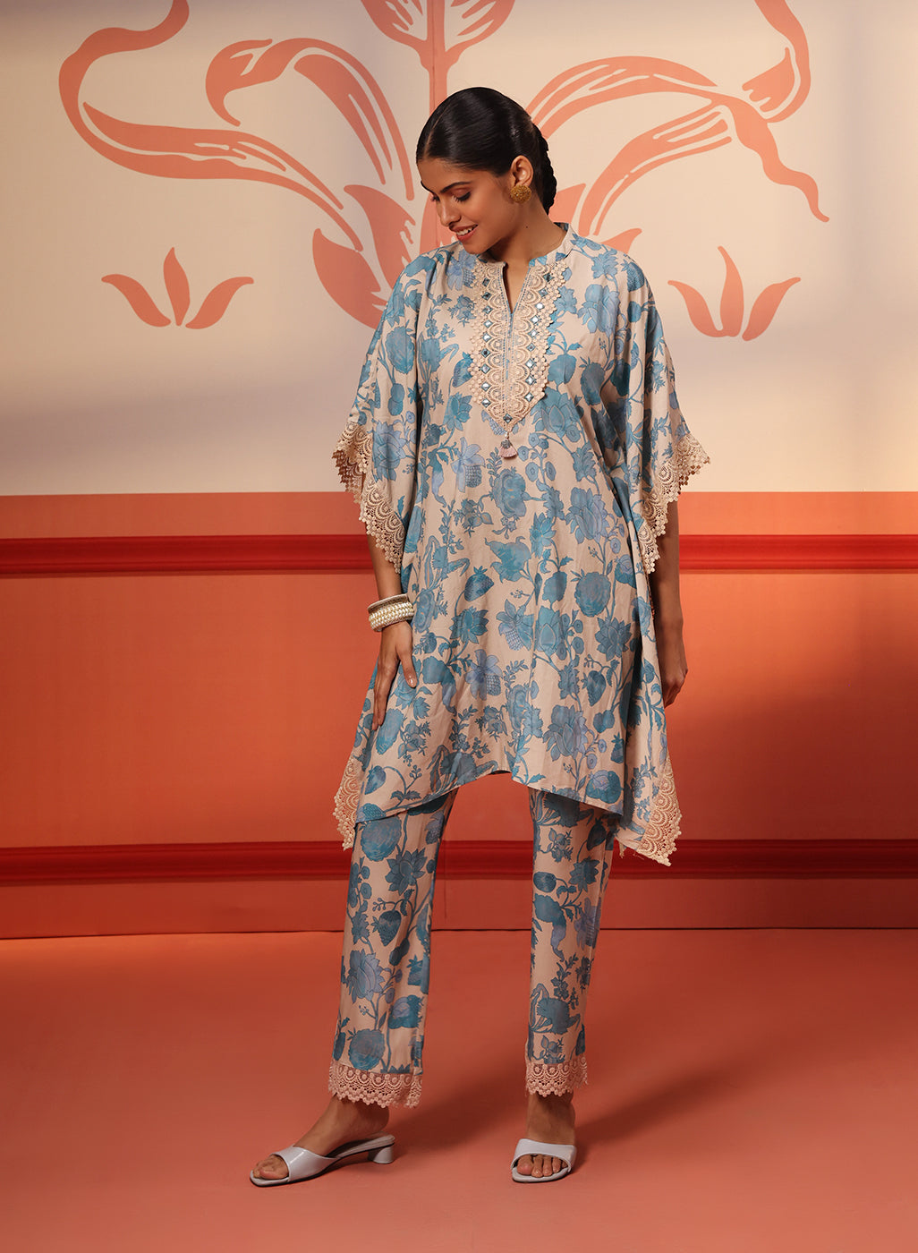 Mahin Smokey Blue Printed Kaftan Kurta Set for Women