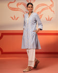 Hiba Light Blue Embroidered Cotton Linen Kurta for Women