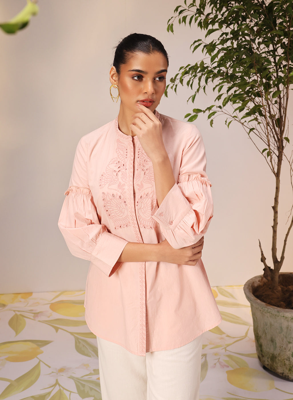 Nudrat Light Pink Embroidered Cotton Long Shirt for Women