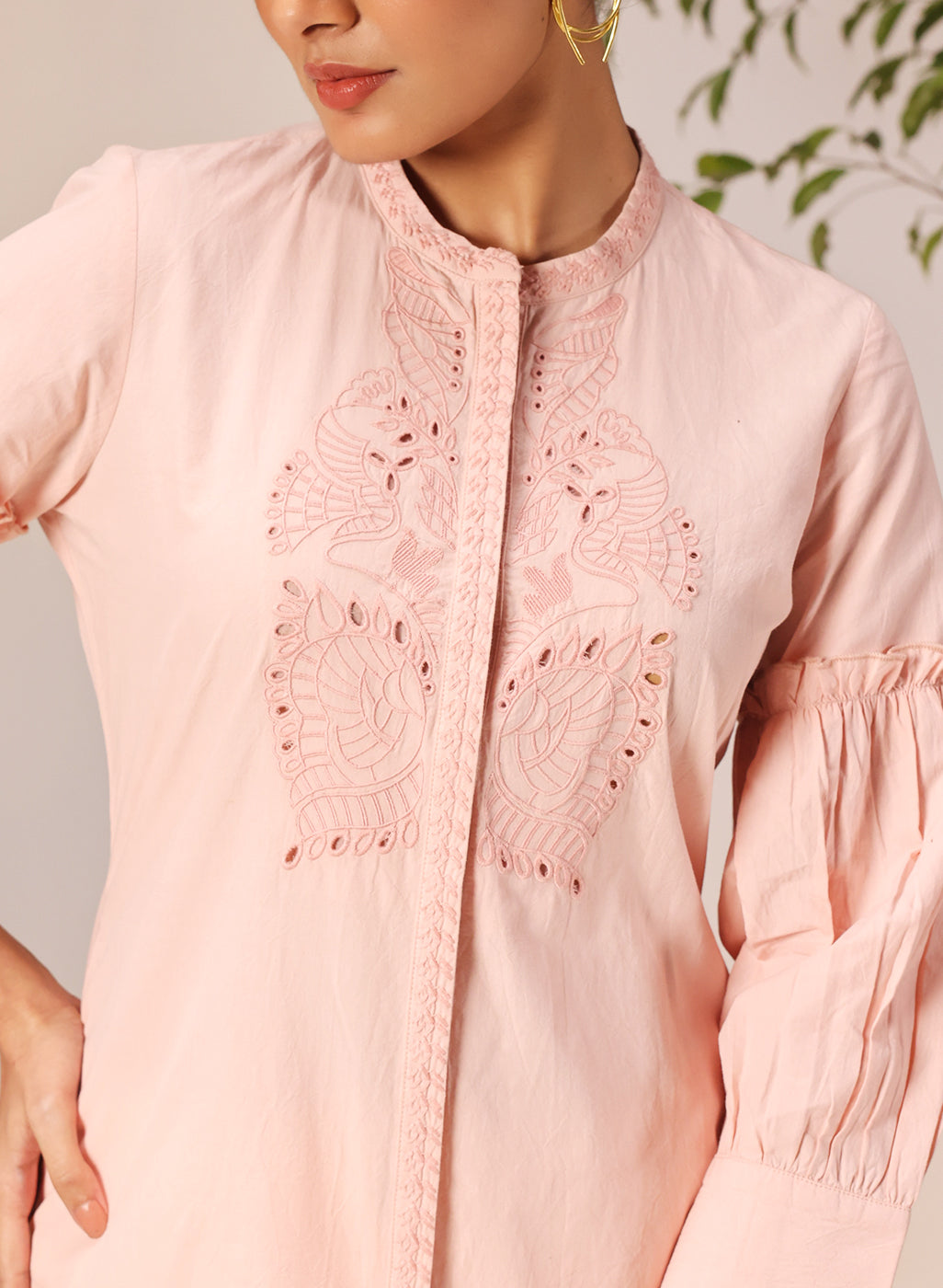 Nudrat Light Pink Embroidered Cotton Long Shirt for Women