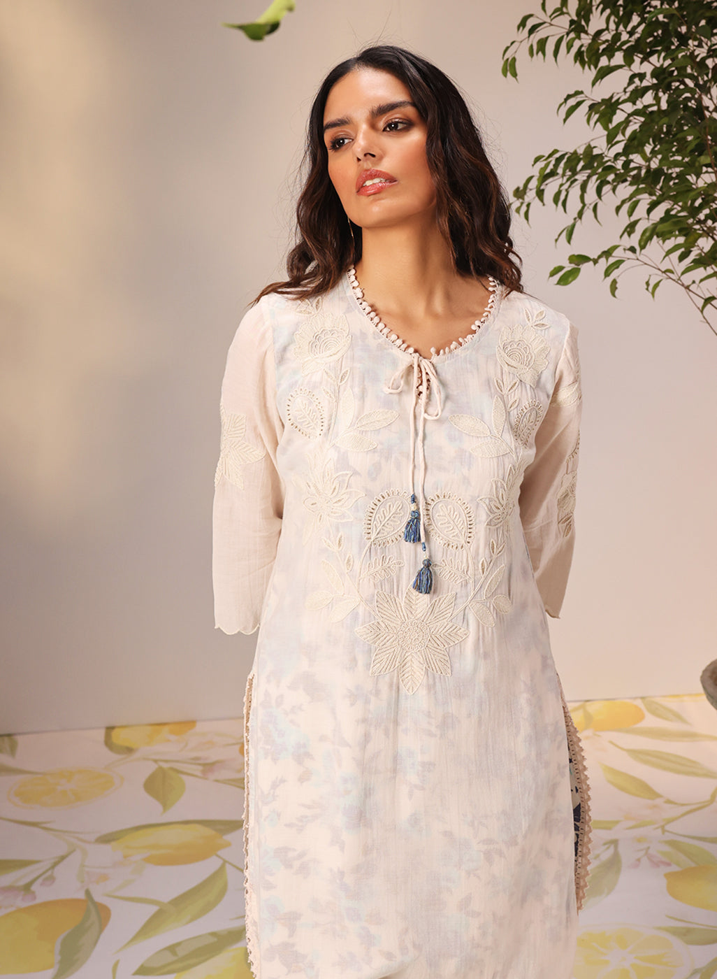 Daanya Turquoise Embroidered Crinkled Georgette Designer Kurta for Women