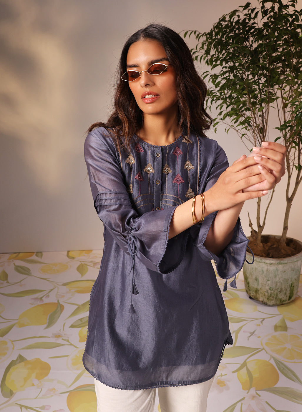 Aleena Iron Grey Embroidered Chanderi Top for Women