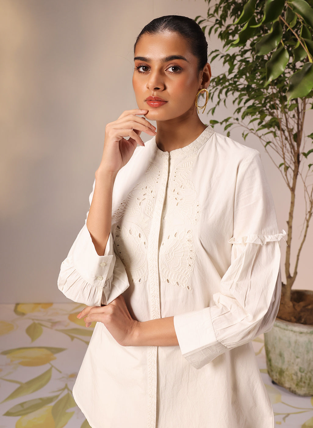 Nudrat Ivory Embroidered Cotton Long Shirt for Women