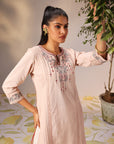 Zayna Salmon Pink Embroidered Cotton Linen Designer Kurta for Women