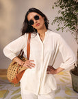 Everyday Essentials Ameera Ivory Embroidered Georgette Shirt for Women