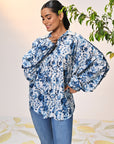 Noora Ocean Blue Printed Cotton Shirt for Women
