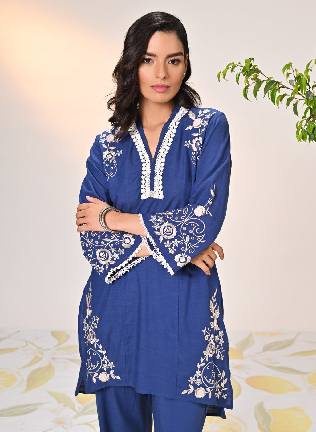 Aira Indigo Embroidered Cotton Linen Co-ord Set for Women