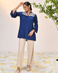 Rifa Electric Blue Embroidered Crinkled Crepe Top for Women
