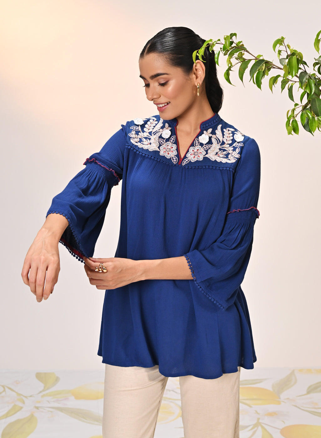 Rifa Electric Blue Embroidered Crinkled Crepe Top for Women