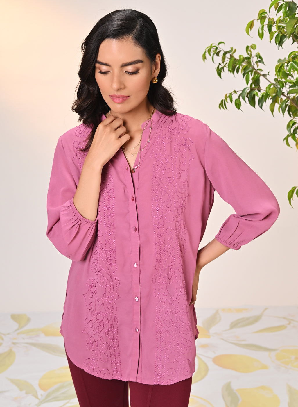 Ameera Watermelon Pink Embroidered Georgette Shirt for Women