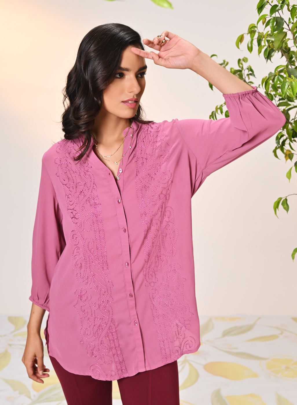 Ameera Watermelon Pink Embroidered Georgette Shirt From Lakshita