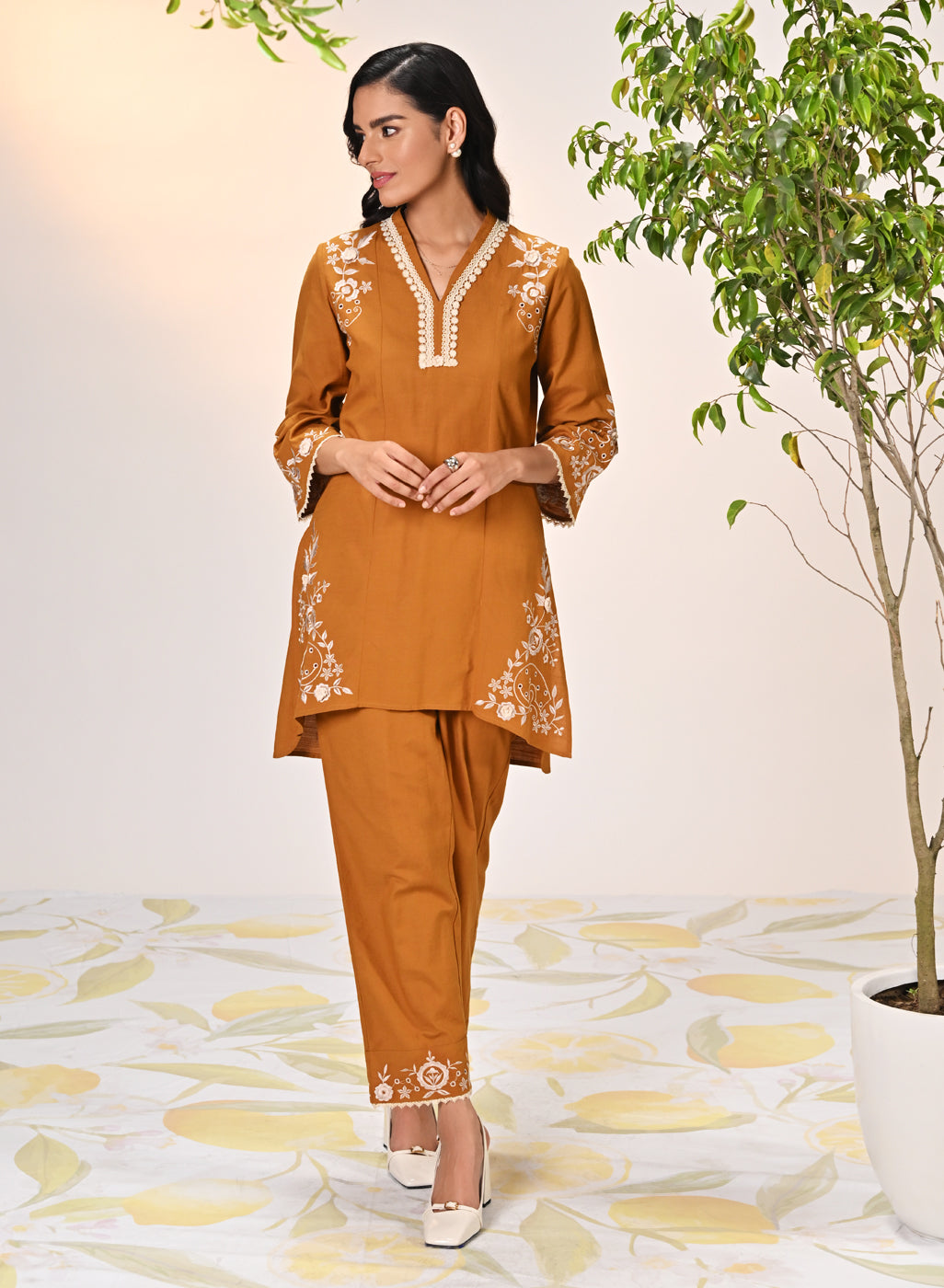 Aira Watermelon Mustard Embroidered Cotton Linen Co-ord Set for Women