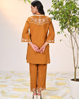 Aira Watermelon Mustard Embroidered Cotton Linen Co-ord Set for Women