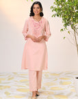Amara Salmon Pink Embroidered Cotton Kurta Set for Women